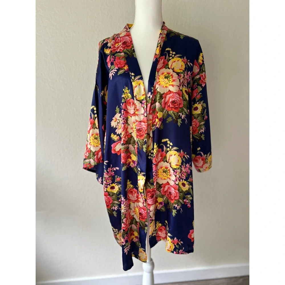 Navy Blue Floral Satin Kimono Robe Open Front Short Sleeve Boho Loungewear